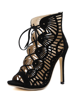 Schwarze Sandale Stiefeletten Wildleder High Heel Peep Toe Lace Up ausgeschnittene Stiletto Heel Sandalen