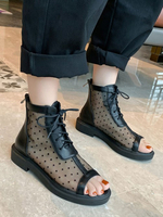 Schwarze Sandalenstiefel Damen Open Toe Schnürstiefeletten