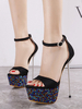 Schwarze sexy Sandalen für Frau PU Leder Square Toe Stiletto Heel Rave Club Schuhe
