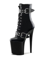 Schwarze Sexy Stiefel Damen Plateau Mandel Schnalle Detail Stöckelabsatz Schnürstiefel