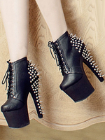 Schwarze Sexy Stiefel Frauen Plattform Mandel Nieten Schnüren High Heel Stiefel