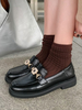 Schwarze Slipper Frauen Leder Runde Zehen Metall Details Strass Steine Slip On Schuhe