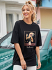 Schwarze Sommerbluse für Frauen mit kurzen Ärmeln Jewel Neck Polyester Blumendruck Casual T-Shirt