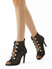 Schwarze Sommerstiefel Damen Open Toe Pearls Schnürstiefeletten