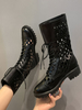 Schwarze Sommerstiefel Damen Round Toe Cut Out Schnürstiefeletten