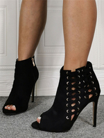 Schwarze Sommerstiefel mit offenem Zehen-Stöckelabsatz Micro Suede Upper Sexy Heeled Boots