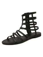 Schwarze Sommerstiefel mit rundem Zehen-Gladiator-Sandalen aus PU-Leder mit flachem Absatz