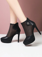 Schwarze Sommerstiefel Spitze Metall Metall Details Stiletto Knöchel Sommerstiefel