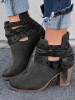 Schwarze Stiefeletten Damen Round Toe Buckle Chunky Heel Booties