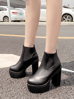 Schwarze Stiefeletten Damen Round Toe Platform Chelsea-Stiefel mit hohen Absätzen