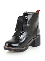 Schwarze Stiefeletten Damen Runde Toe Chunky Heel Lace Up Stiefel