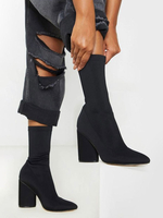 Schwarze Stiefeletten für Damen aus elastischem Stoff mit runden Zehen und dickem Absatz