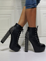 Schwarze Stiefeletten für Damen PU-Ledernieten Obere sexy Schuhe Sky High Chunky Heels