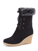 Schwarze Stiefeletten Wildleder Round Toe Pelz Detail Lace Up Winterstiefel Damen Wedge Booties