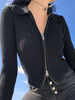Schwarze Strickjacke mit Reißverschluss Cardigan Langarm Umlegekragen Cropped Strickwaren