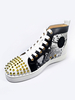 Schwarze Turnschuhe Männer Hohe Spitzenschuhe Rindsleder Runde Spitze Nieten Gedruckt Lace Up Skate Schuhe