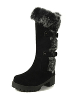 Schwarze Winterstiefel Wildleder Round Toe Fell Detail Chunky Heel Mitte Kalb Stiefel