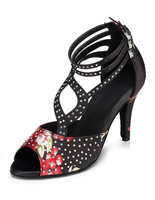 Schwarzen Tanz Schuhe Peep Strass gedruckt Damenschuhe High Heel Ballsaal
