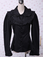 Schwarzer Baumwolle Lolita Bluse Langarm Rüschen Turn-Down-Kragen
