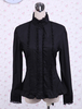 Schwarzer Baumwolle Lolita Bluse Stehkragen geschichteten Lace Trim Rüschen