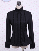 Schwarzer Baumwolle Lolita Bluse Stehkragen geschichteten Lace Trim Rüschen