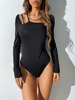 Schwarzer Bodysuit mit eckigem Ausschnitt; langen Ärmeln; Polyester-Sommeroberteilen