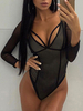Schwarzer Bodysuit mit langen Ärmeln V-Ausschnitt Piping Stretch Casual Polyester Sexy Top für Frauen For