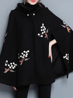 Schwarzer Cape Coat mit Kapuze bestickte Perlen übergroßen wollenen Poncho Wintermantel für Frauen