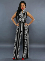 Schwarzer Jumpsuit Bedrucktes Muster Jewel Neck Ärmelloser Polyester Straight Summer Playsuit