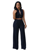 Schwarzer Jumpsuit für Damen mit V-Ausschnitt Ärmellose Schärpe Lycra Spandex Straight Summer One Piece Outfit
