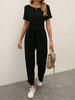 Schwarzer Jumpsuit Jewel Neck mit kurzen Ärmeln für Damen Lycra Spandex Straight Summer Playsuit