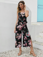 Schwarzer Jumpsuit mit Blumenmuster Muster mit herzförmigem Ausschnitt Ärmelloses Schnüren; geschichtete Spaghettiträger Polyester; kurz geschnittenes Sommer-Einteiler-Outfit