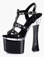 Schwarzer offener Spitze PU Nieten Plateau Sandalen für Frau