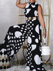 Schwarzer Overall Polka Dot Pattern Jewel Neck Polyester Wide Summer Playsuit