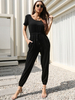 Schwarzer Overall U-Ausschnitt mit kurzen Ärmeln Schnürung Kordelzug Polyester Tapered Fit Summer One Piece Outfit