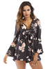 Schwarzer Playsuit Blumenmuster mit V-Ausschnitt und langen Ärmeln aus Polyester Sommer-Playsuit