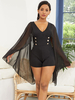 Schwarzer Playsuit V-Ausschnitt Lange Ärmel Plissee Layered Polyester Skinny Sommer Einteiler Outfit