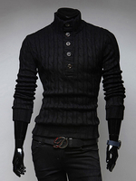 Schwarzer Pullover Pullover Stehkragen halbe Tasten Kabel-Strickwaren