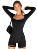 Schwarzer quadratischer Ausschnitt Langarm-Baumwollmischung Skinny Summer Playsuit