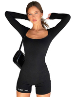 Schwarzer quadratischer Ausschnitt Langarm-Baumwollmischung Skinny Summer Playsuit