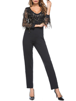 Schwarzer Sommeroverall aus Polyester mit langen Ärmeln und V-Ausschnitt