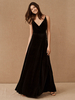 Schwarzes Abendkleid A-line V-ausschnitt bodenlangen ärmellosen Reißverschluss Sash Matte Satin formale Partykleider