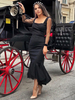 Schwarzes Abendkleid Meerjungfrau Vierkantausschnitt Langarm Reißverschluss Rüschen Polyester Bodycon Formelle Partykleider