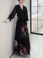 Schwarzes Ballkleid Ballkleid V-Ausschnitt Spitze 3/4 Ärmel Schärpe Kleider für Hochzeitsgäste