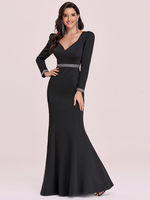 Schwarzes Ballkleid Satin Stoff V-Ausschnitt Meerjungfrau Langarm Schärpe Bodenlange Abendkleider