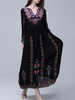 Schwarzes Boho Kleid Besticktes V-Ausschnitt Langarm Maxikleid