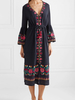 Schwarzes Boho-Kleid mit besticktem Tunnelzug; Quaste; V-Ausschnitt; Glockenärmeln; Sommerkleid