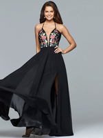 Schwarzes Cocktailkleid Wunderschönes A-Line bodenlanges Illusionsausschnitt Applique Chiffon Ärmelloses langes Partykleid