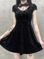 Schwarzes Gothic-Kleid für Damen Kurzarm-Polyester-Retro-Kleid mit kurzen Ärmeln