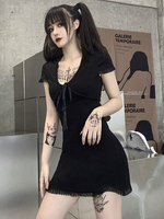 Schwarzes Gothic-Kleid für Damen Kurzarm-Retro-Kleid aus Polyester
